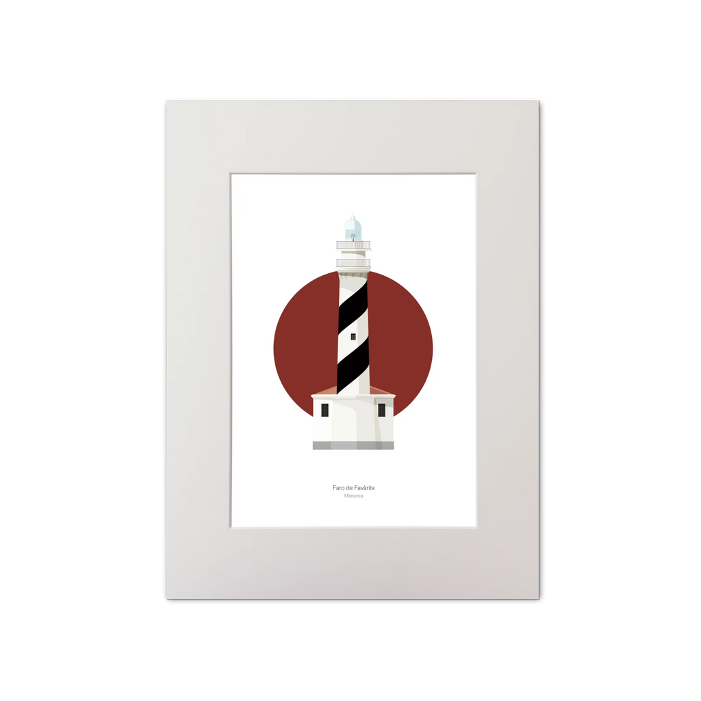Artwork of a black and white striped lighthouse on a red circle and white background