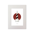 Artwork of a black and white striped lighthouse on a red circle and white background