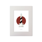 Artwork of a black and white striped lighthouse on a red circle and white background