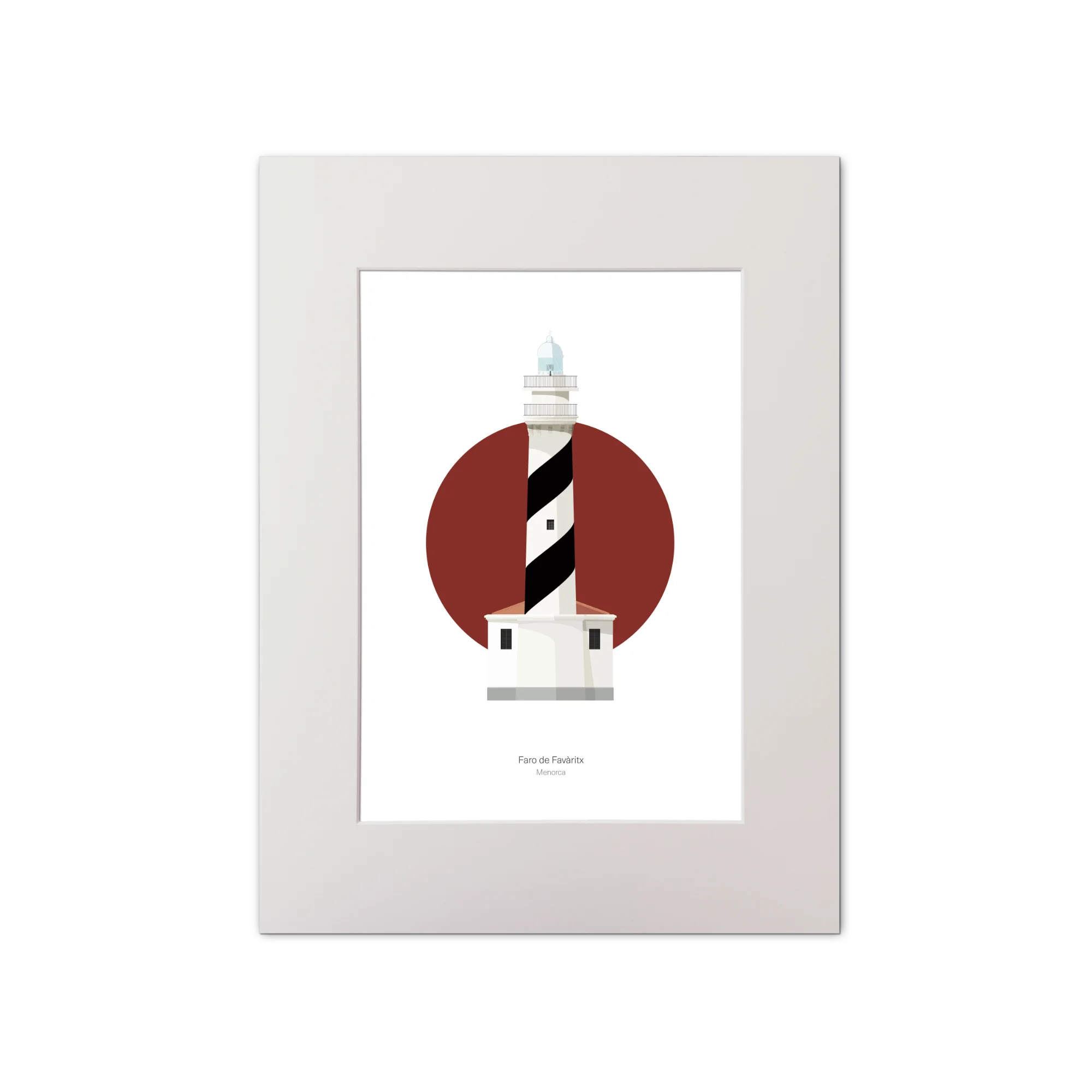 Artwork of a black and white striped lighthouse on a red circle and white background