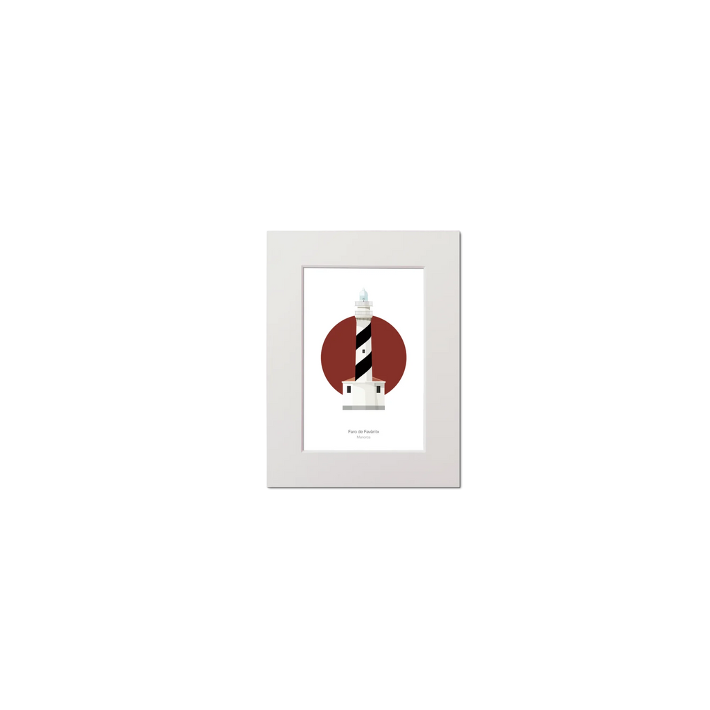 Mounted artwork of a lighthouse with a red circle design on a white background