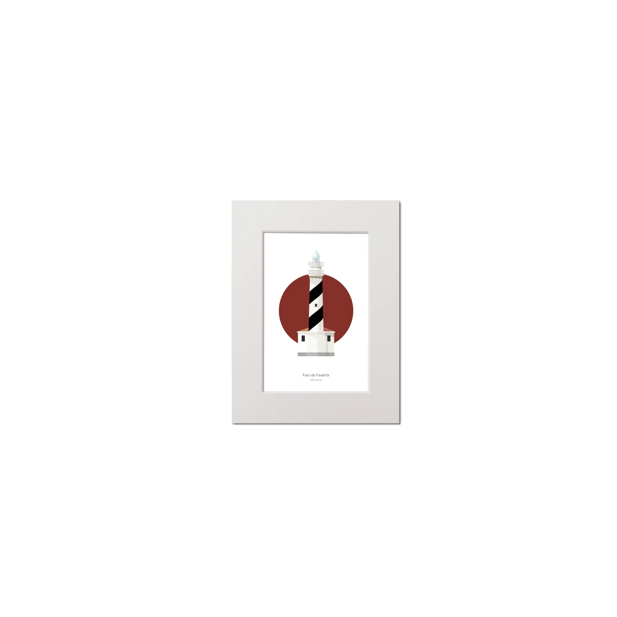 Mounted artwork of a lighthouse with a red circle design on a white background