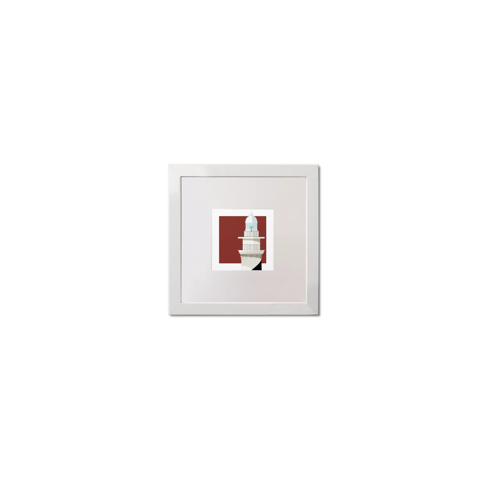 Framed artwork of a white lighthouse with two balconies and a barber pole stripe on a red background