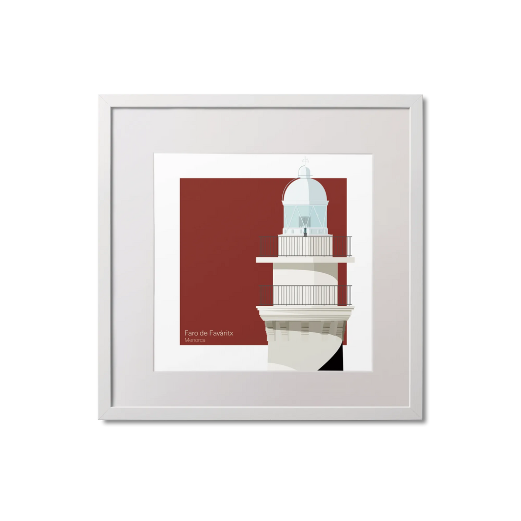 Framed artwork of a lighthouse on a red background