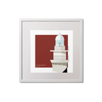 Framed artwork of a lighthouse on a red background