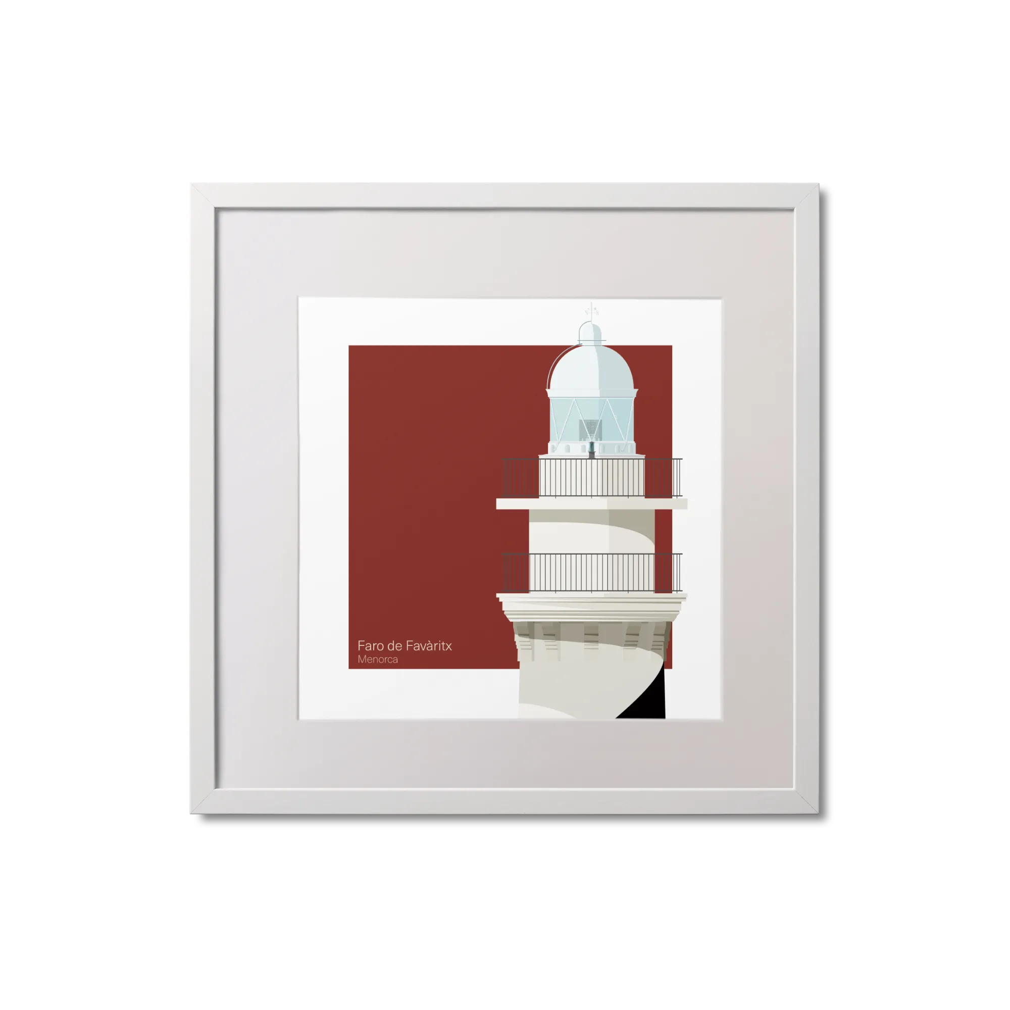 Framed artwork of a lighthouse on a red background