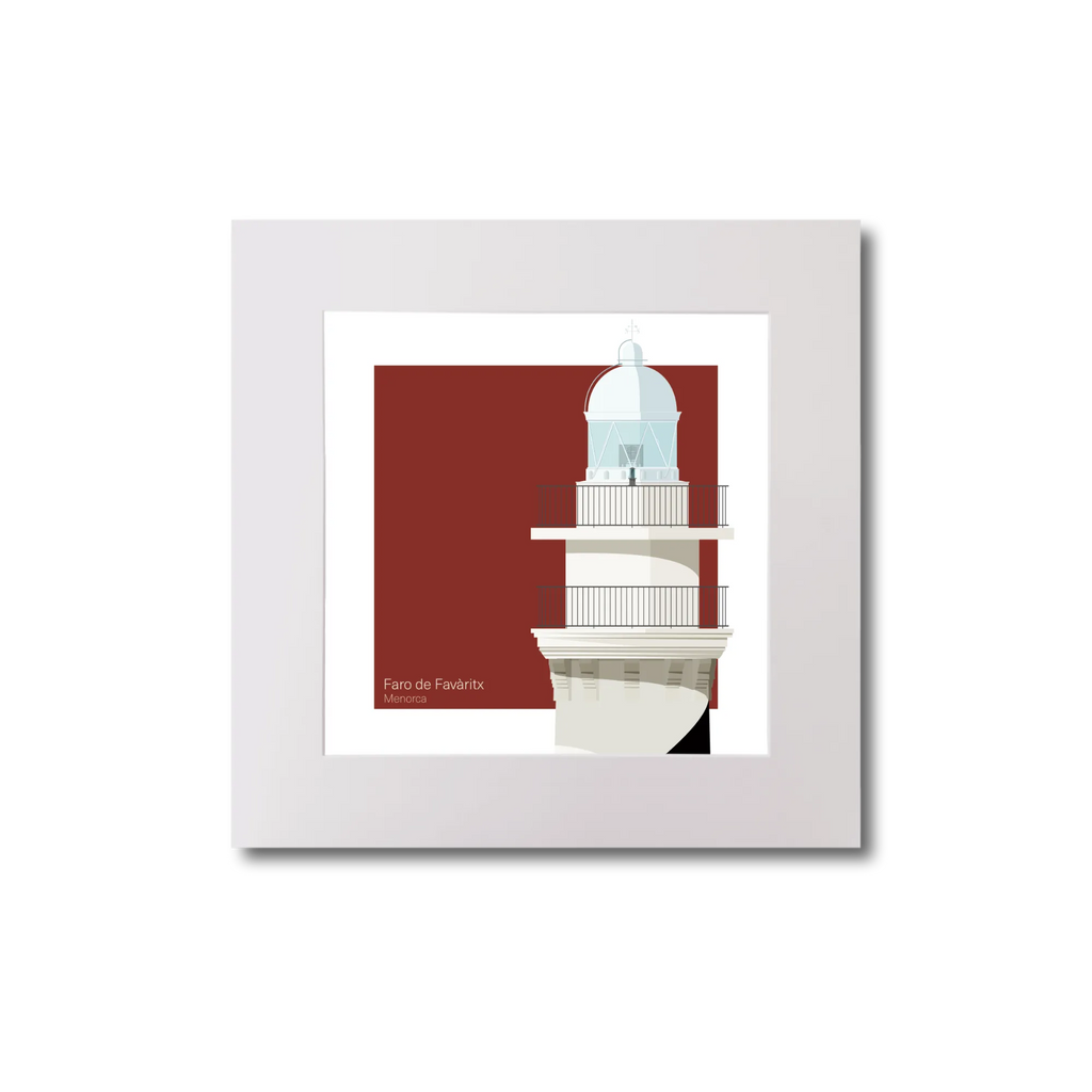 Artwork of a lighthouse design with barber pole stripes on a red background