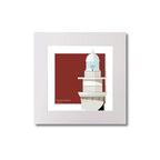 Artwork of a lighthouse design with barber pole stripes on a red background