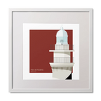 Framed artwork of a lighthouse with a red background and barber pole stripes