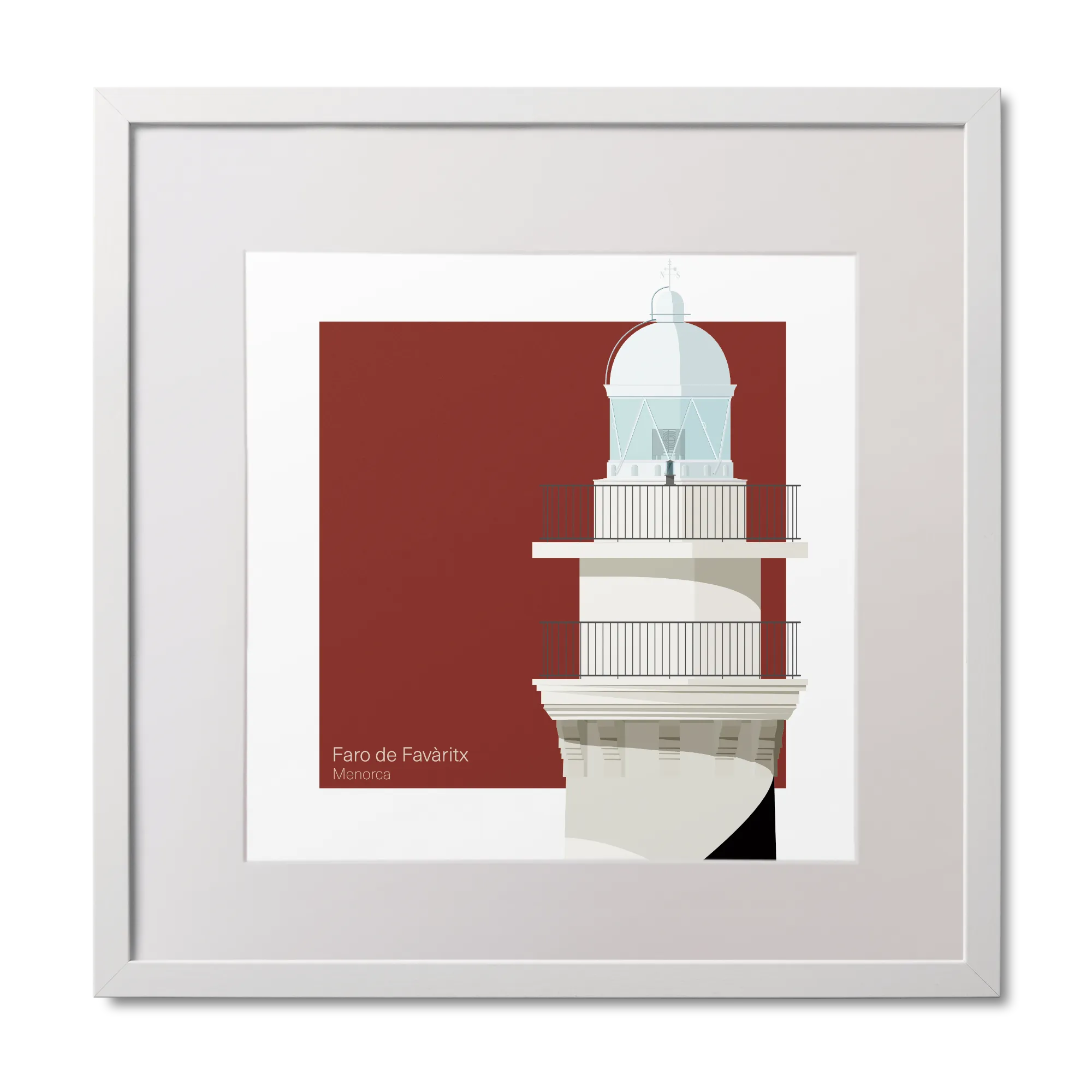 Framed artwork of a lighthouse with a red background and barber pole stripes