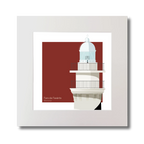 Artwork of a lighthouse on a red background with barber pole stripes