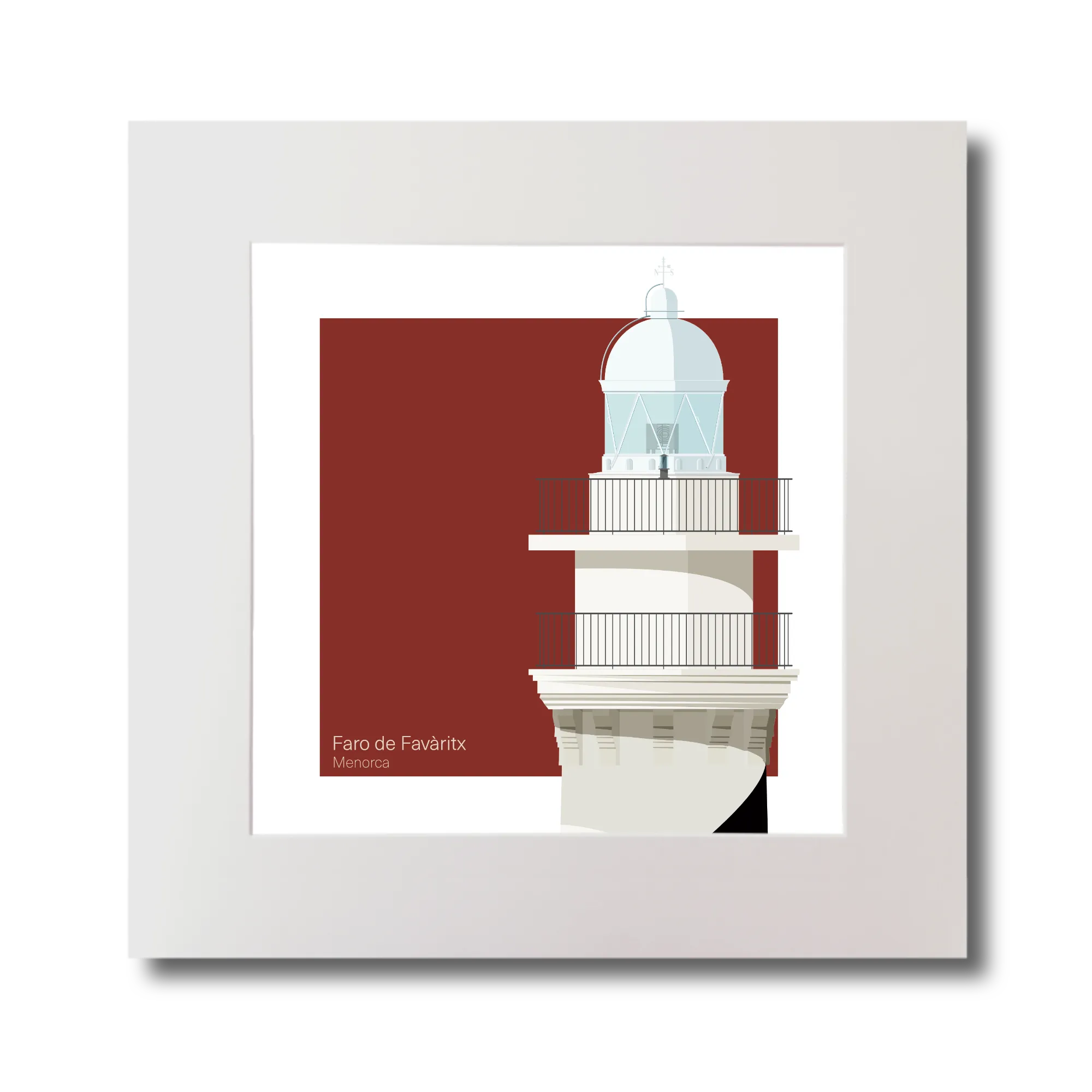 Artwork of a lighthouse on a red background with barber pole stripes