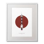 Framed artwork of a lighthouse design with a red circle on a white background