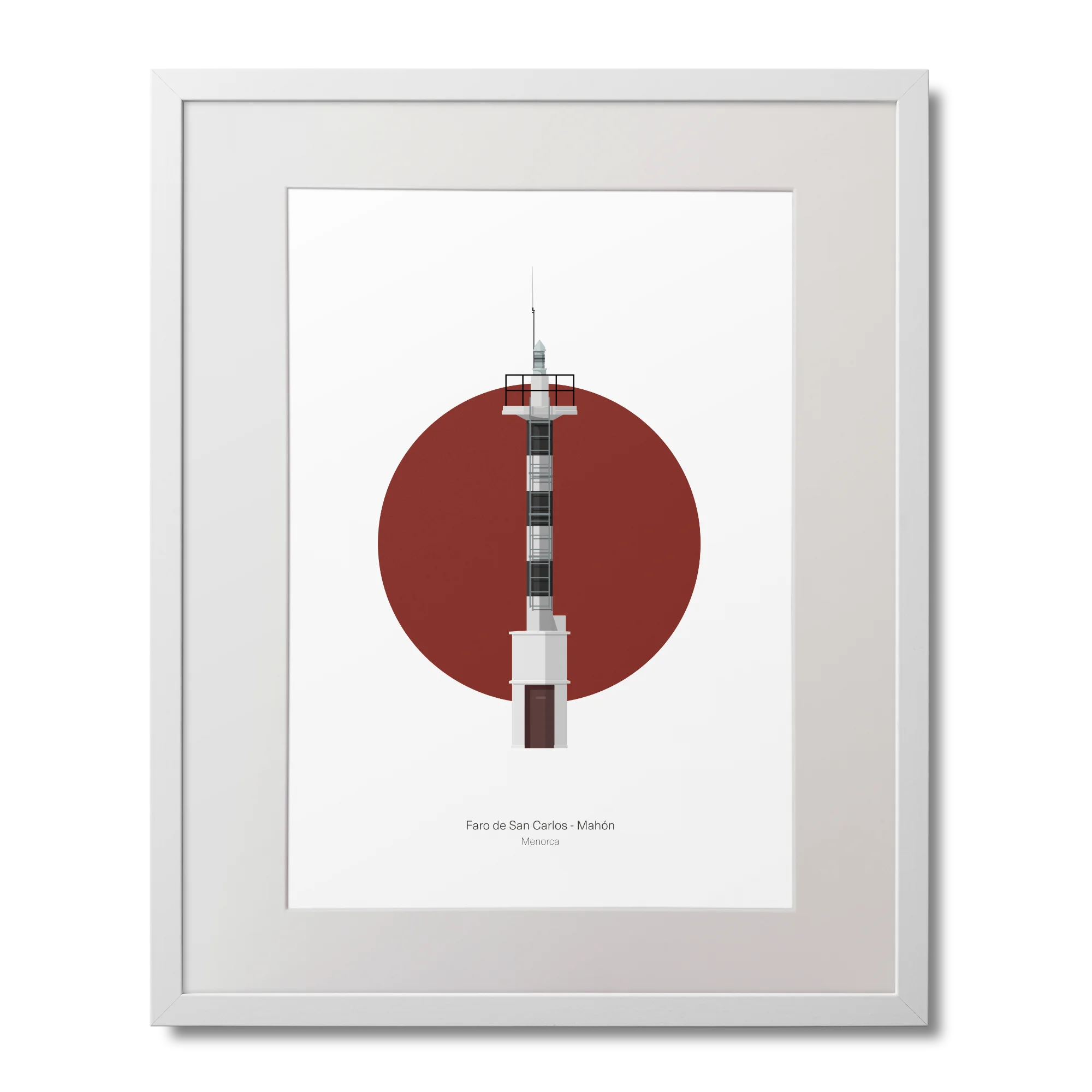 Framed artwork of a lighthouse design with a red circle on a white background
