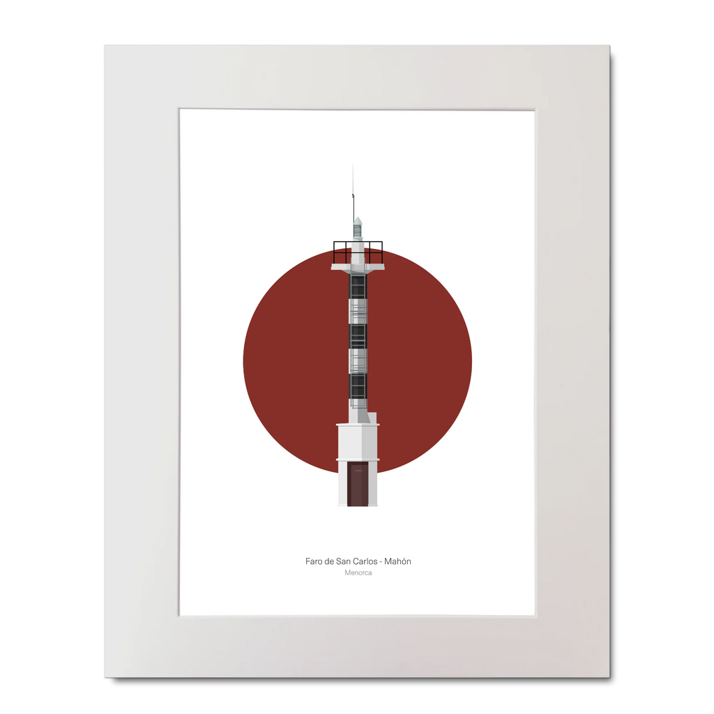 Artwork of a lighthouse  tower with a red circle on a white background