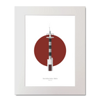 Artwork of a lighthouse  tower with a red circle on a white background