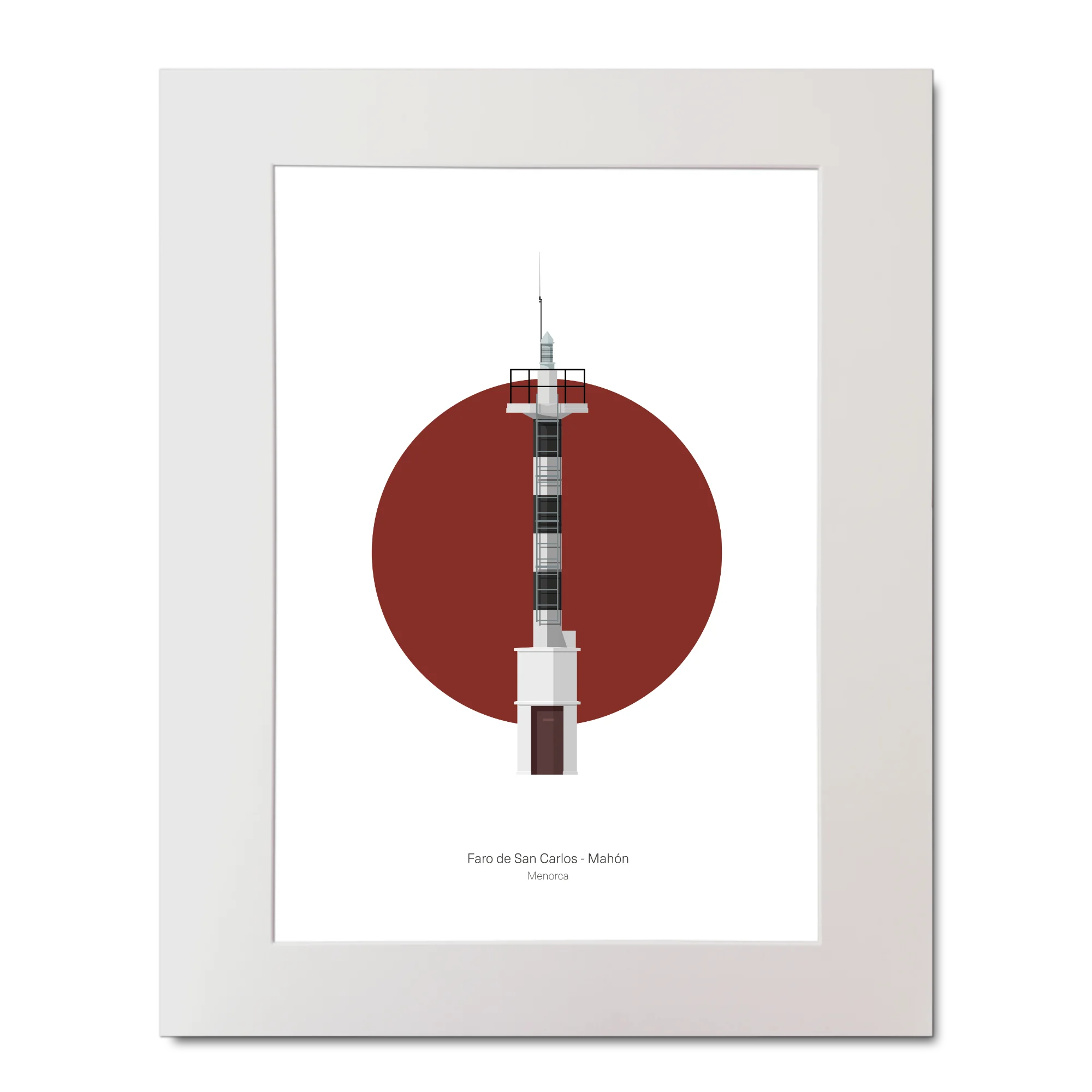 Artwork of a lighthouse  tower with a red circle on a white background