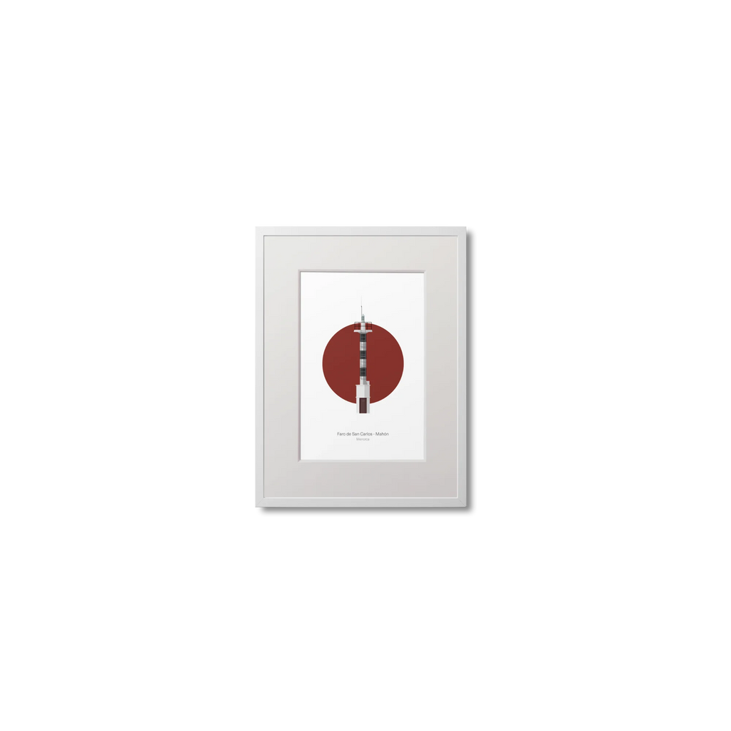 Framed minimalist art print of a lighthouse with a red circle on a white background
