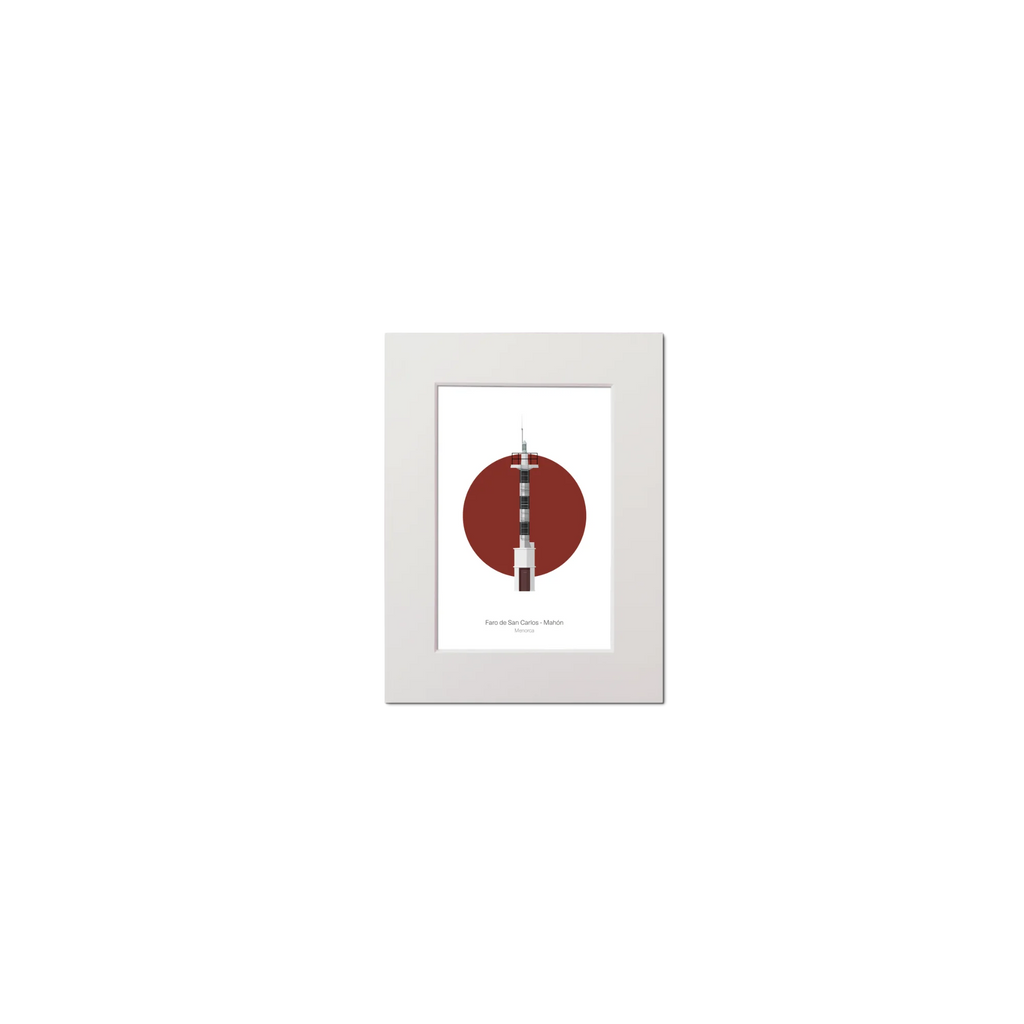 Artwork of a lighthouse on a red circle  on a white background