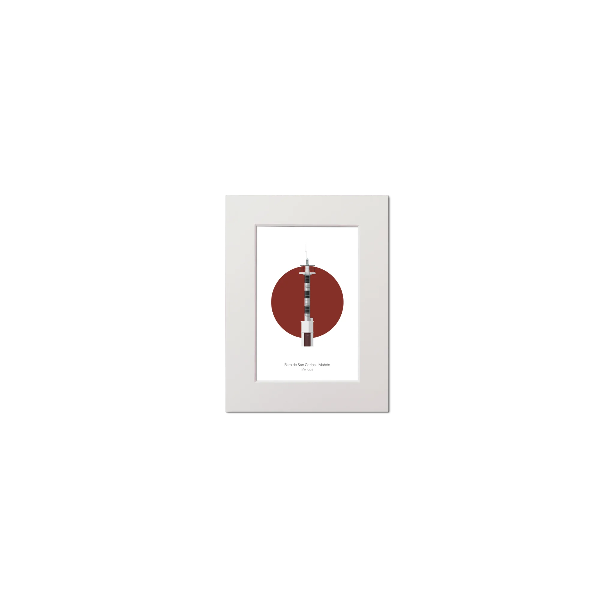 Artwork of a lighthouse on a red circle  on a white background