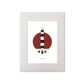 Artwork of a lighthouse design with black and white stripes on a red and white white background.