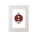 Artwork of a lighthouse design with black and white stripes on a red and white white background.