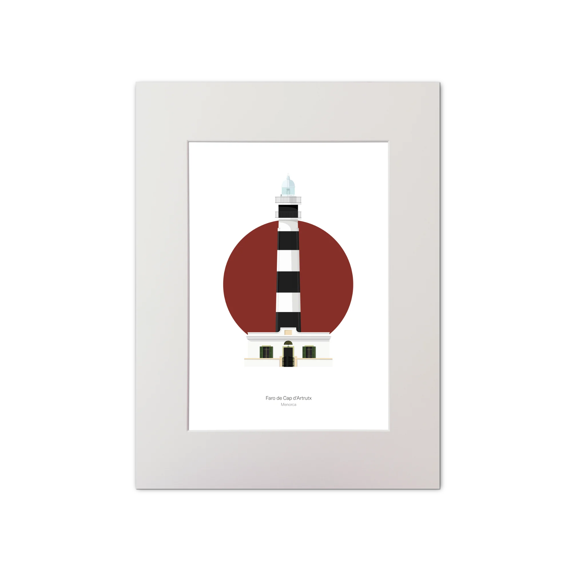 Artwork of a lighthouse design with black and white stripes on a red and white white background.