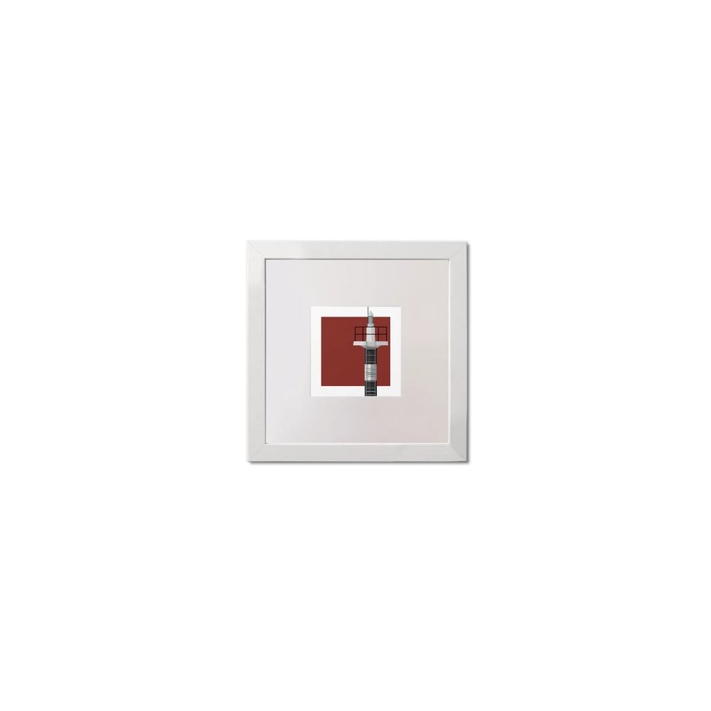 Framed artwork of a Menorcan lighthouse on a red circular background