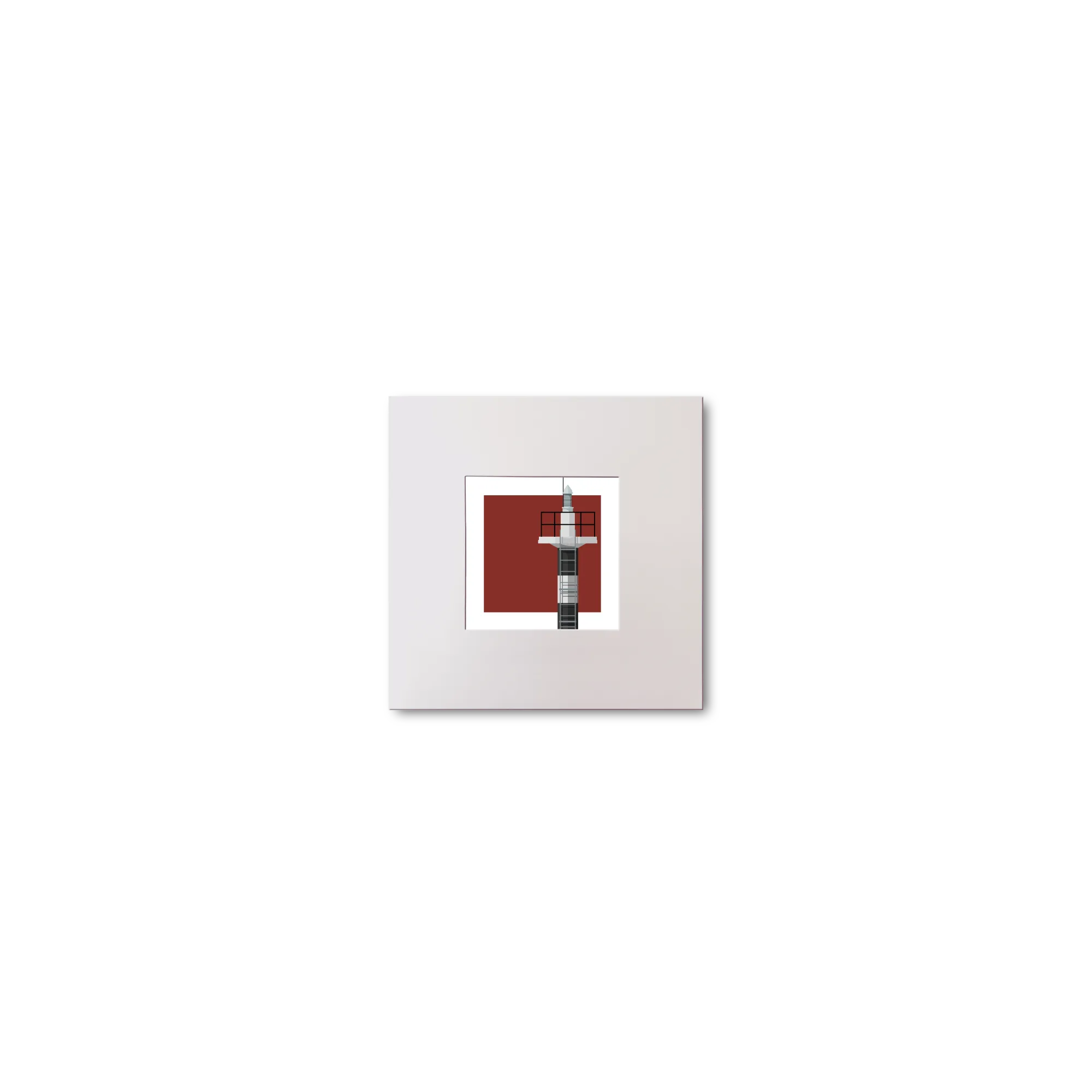 Small artwork with a red background and black and white lighthouse design on a red background