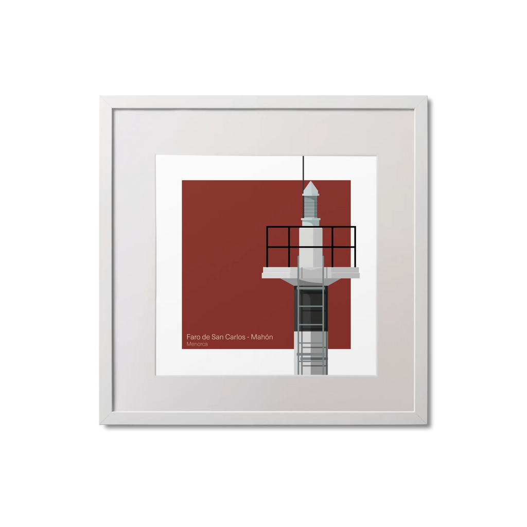 Framed artwork of a lighthouse design with a red square background