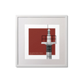 Framed artwork of a lighthouse design with a red square background