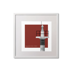 Framed artwork of a lighthouse design with a red square background
