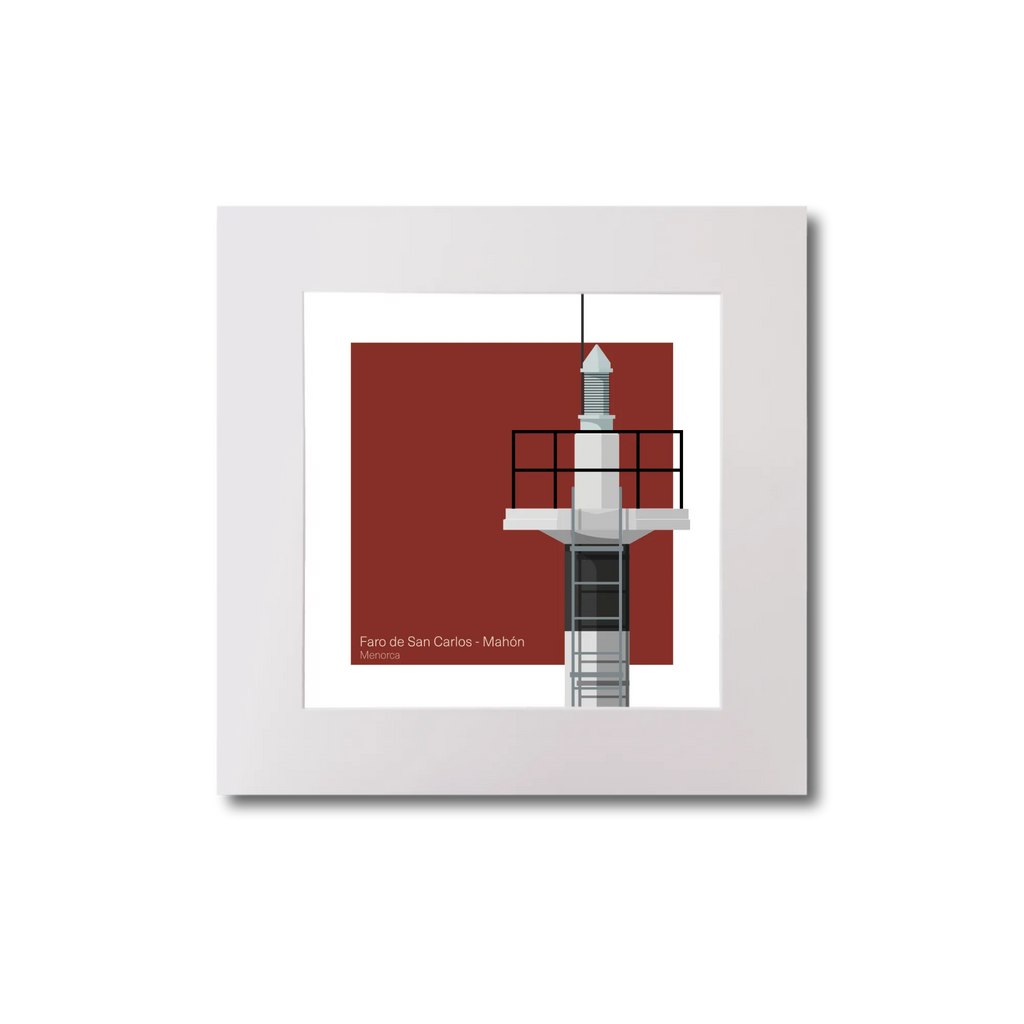 Framed artwork of a black and white striped lighthouse on a red background