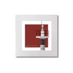 Framed artwork of a black and white striped lighthouse on a red background