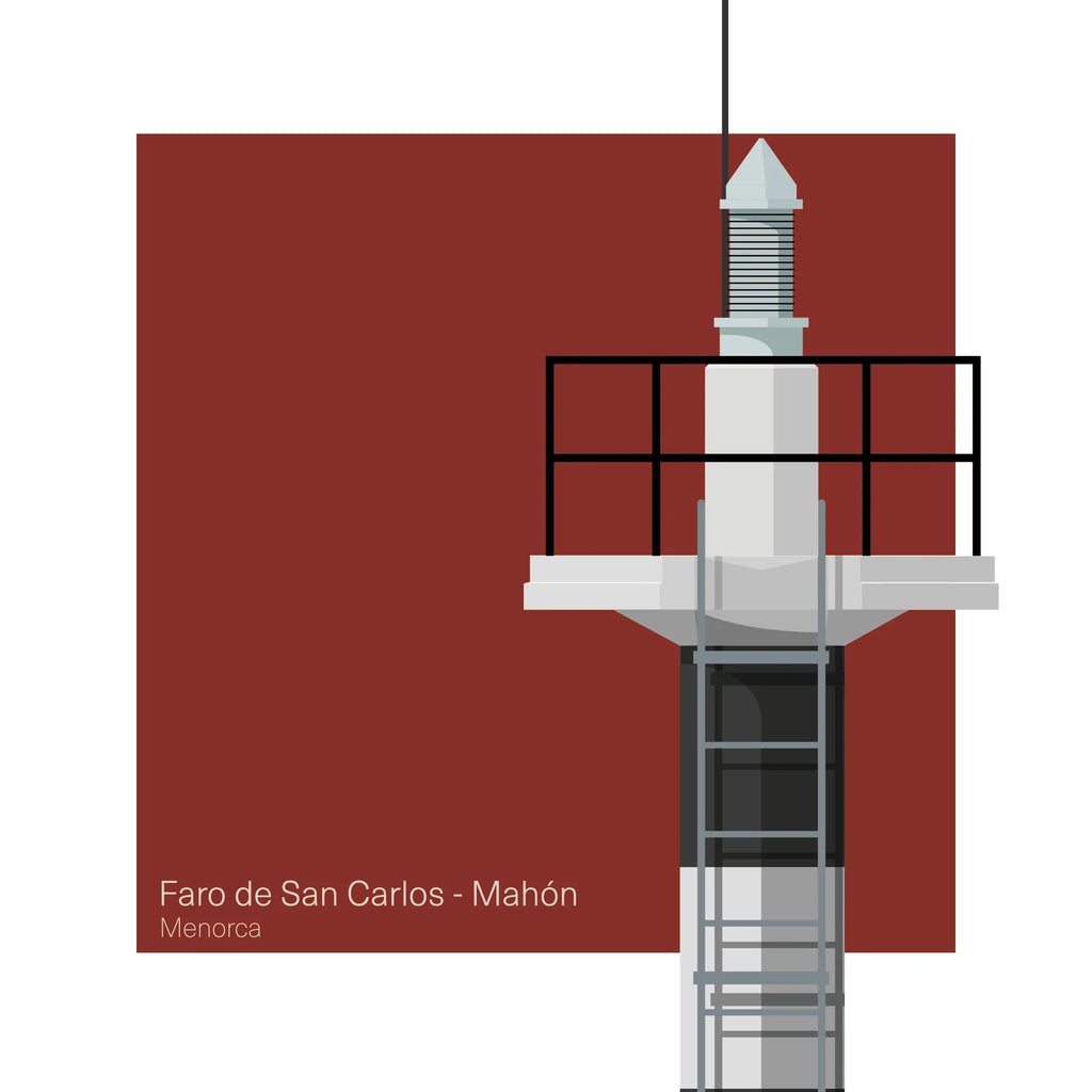 Lighthouse illustration with a red background and text 'Faro de San Carlos - Mahón Menorca'.