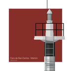 Lighthouse illustration with a red background and text 'Faro de San Carlos - Mahón Menorca'.