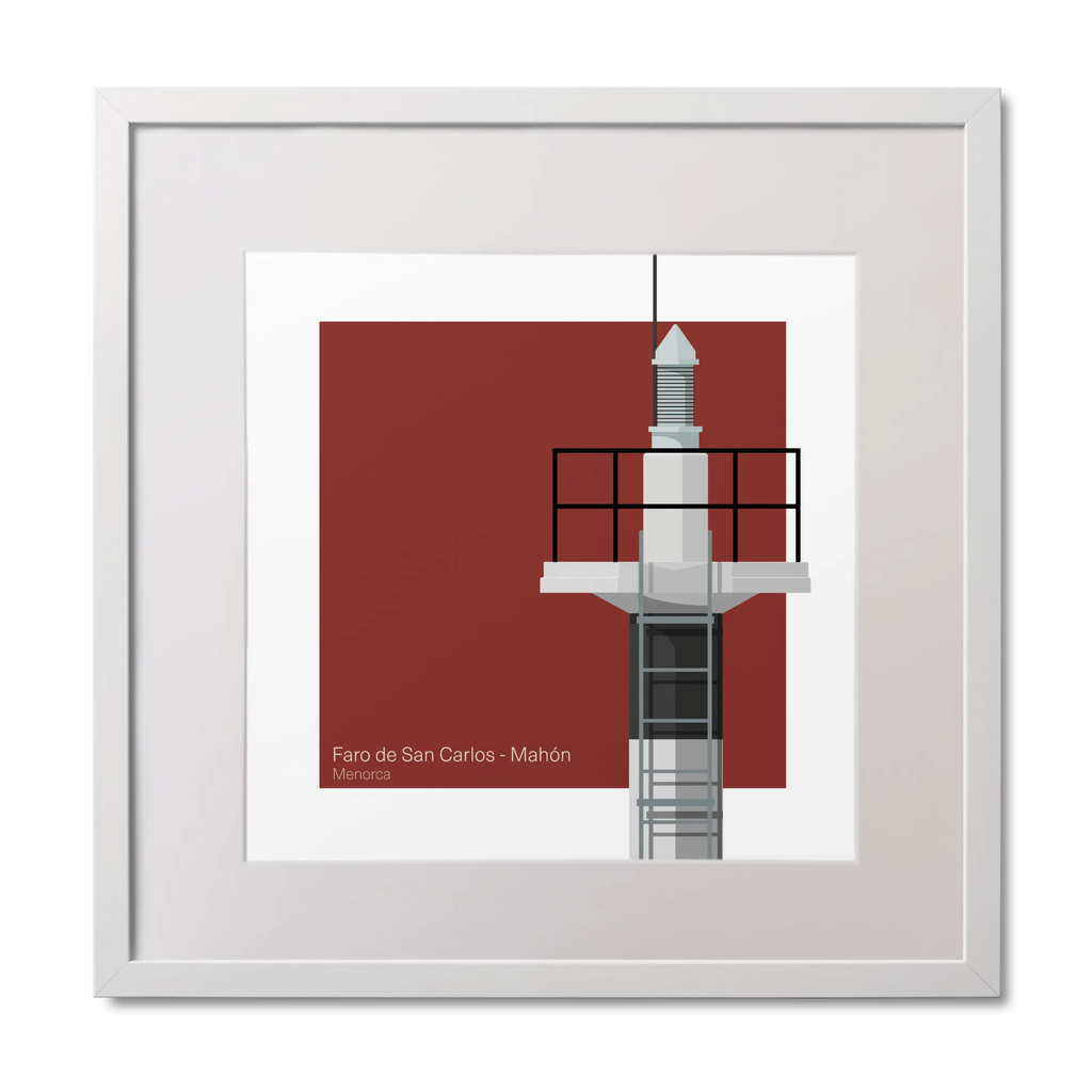 Framed artwork of a lighthouse design with a red square background