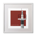 Framed artwork of a lighthouse design with a red square background