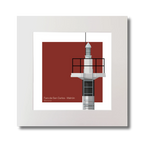 Mounted artwork of a lighthouse design on a red background