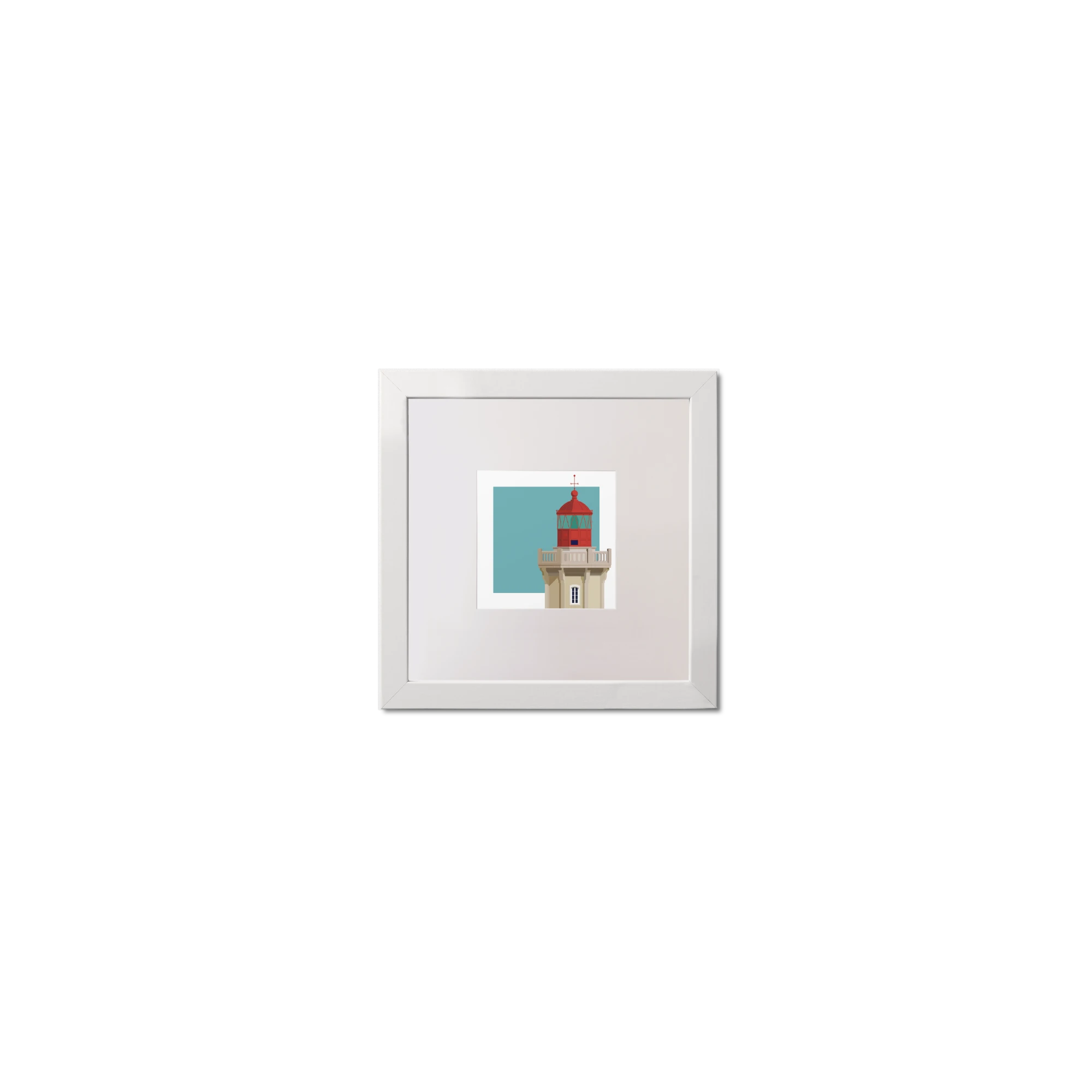 Framed print of French lighthouse du Four on a light blue background.