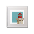 Framed print of French lighthouse du Four with a red top on a light blue background.