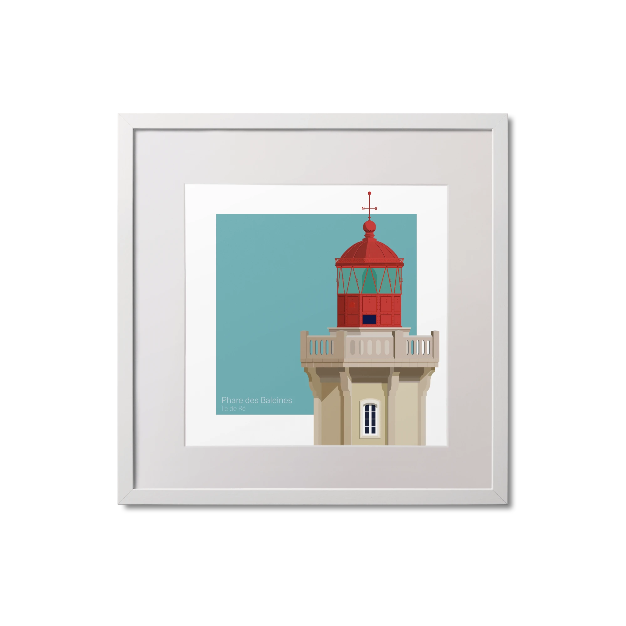 Framed print of French lighthouse du Four with a red top on a light blue background.