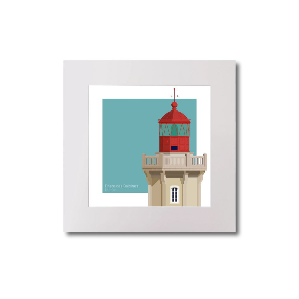 Artwork of French lighthouse du Four with a red top on a light blue background.