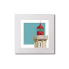 Artwork of French lighthouse du Four with a red top on a light blue background.
