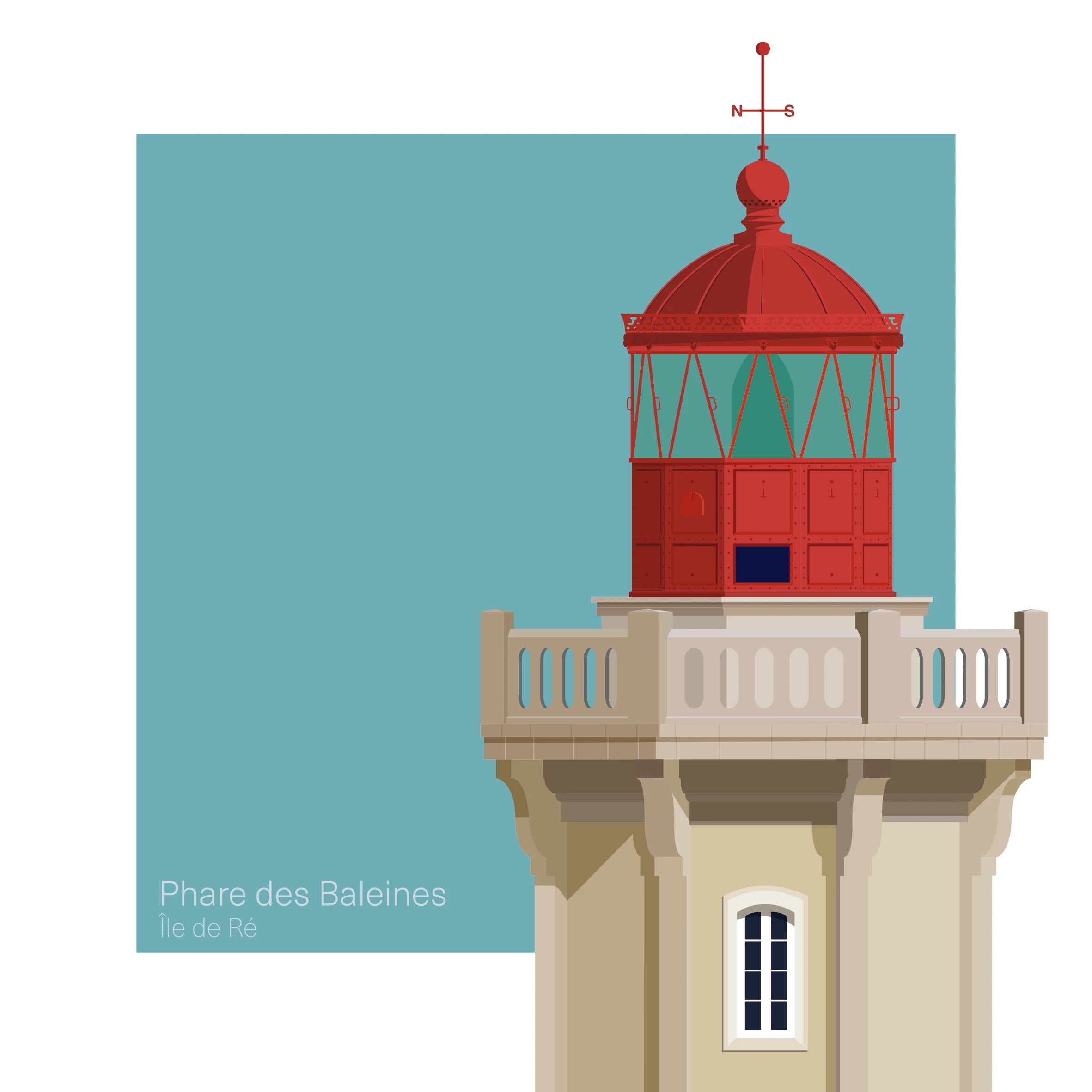 Illustration of a French lighthouse with red light room and roof on a light blue background