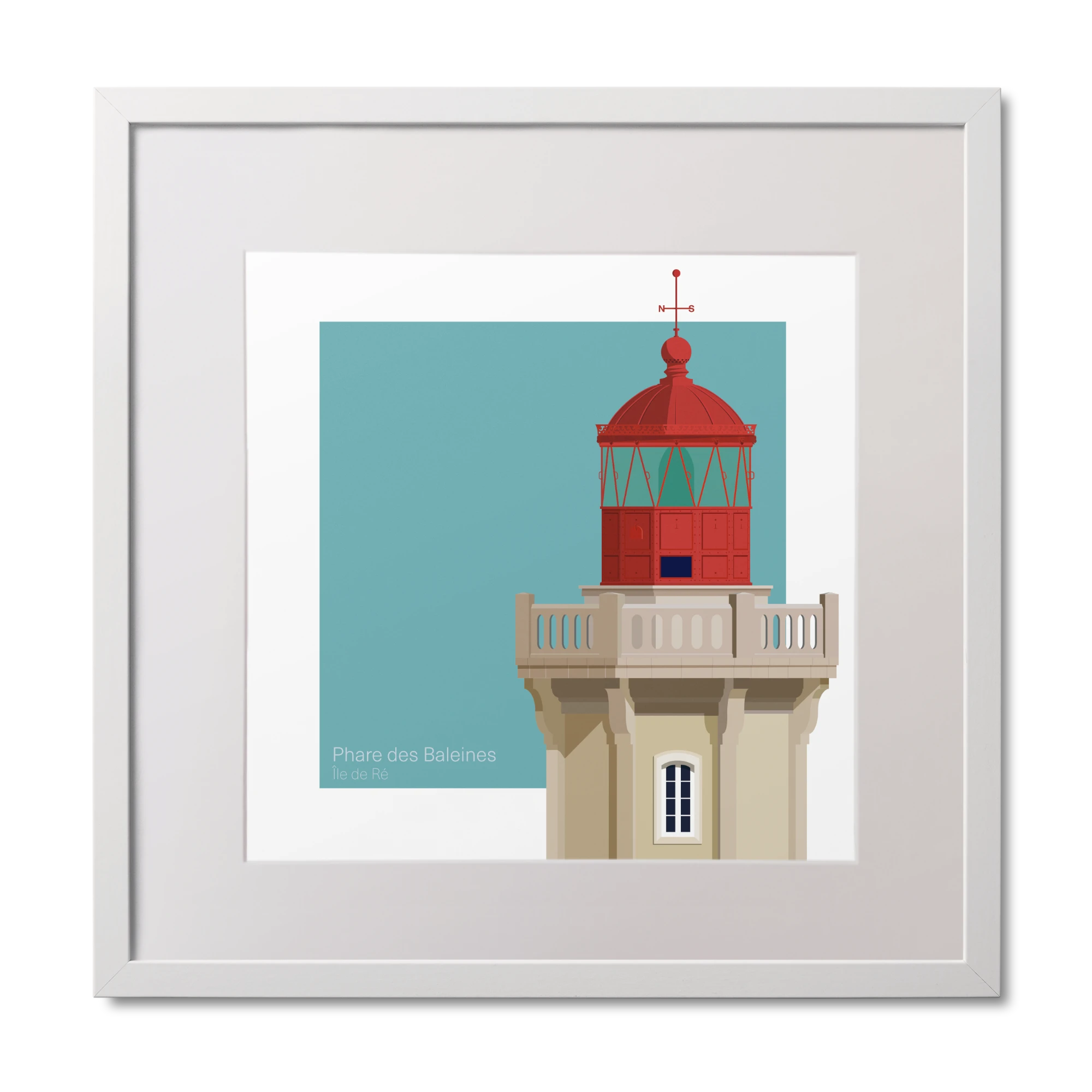 Framed print of French lighthouse du Four with a red top on a light blue background.