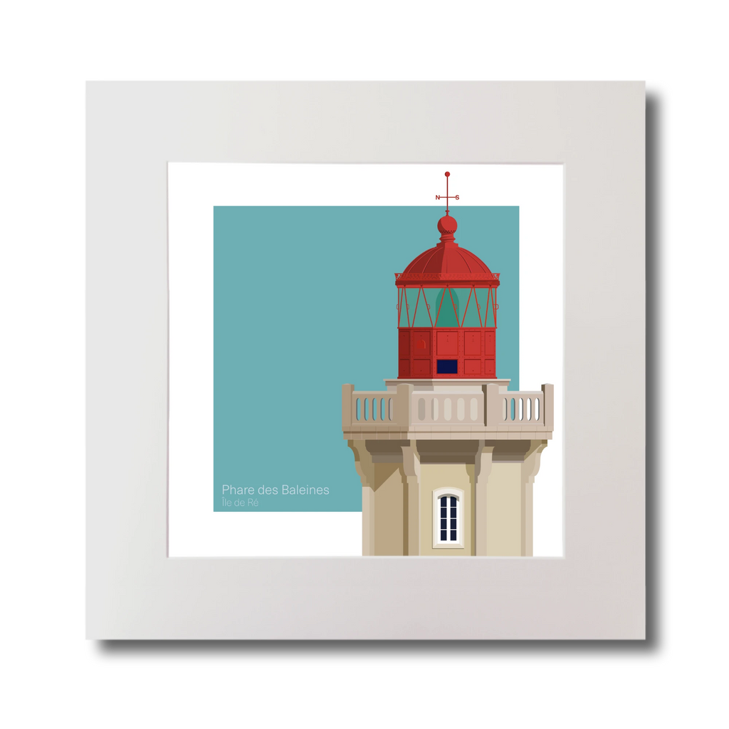 Artwork of French lighthouse du Four with a red top on a light blue background.
