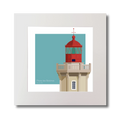 Artwork of French lighthouse du Four with a red top on a light blue background.