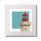 Artwork of French lighthouse du Four with a red top on a light blue background.