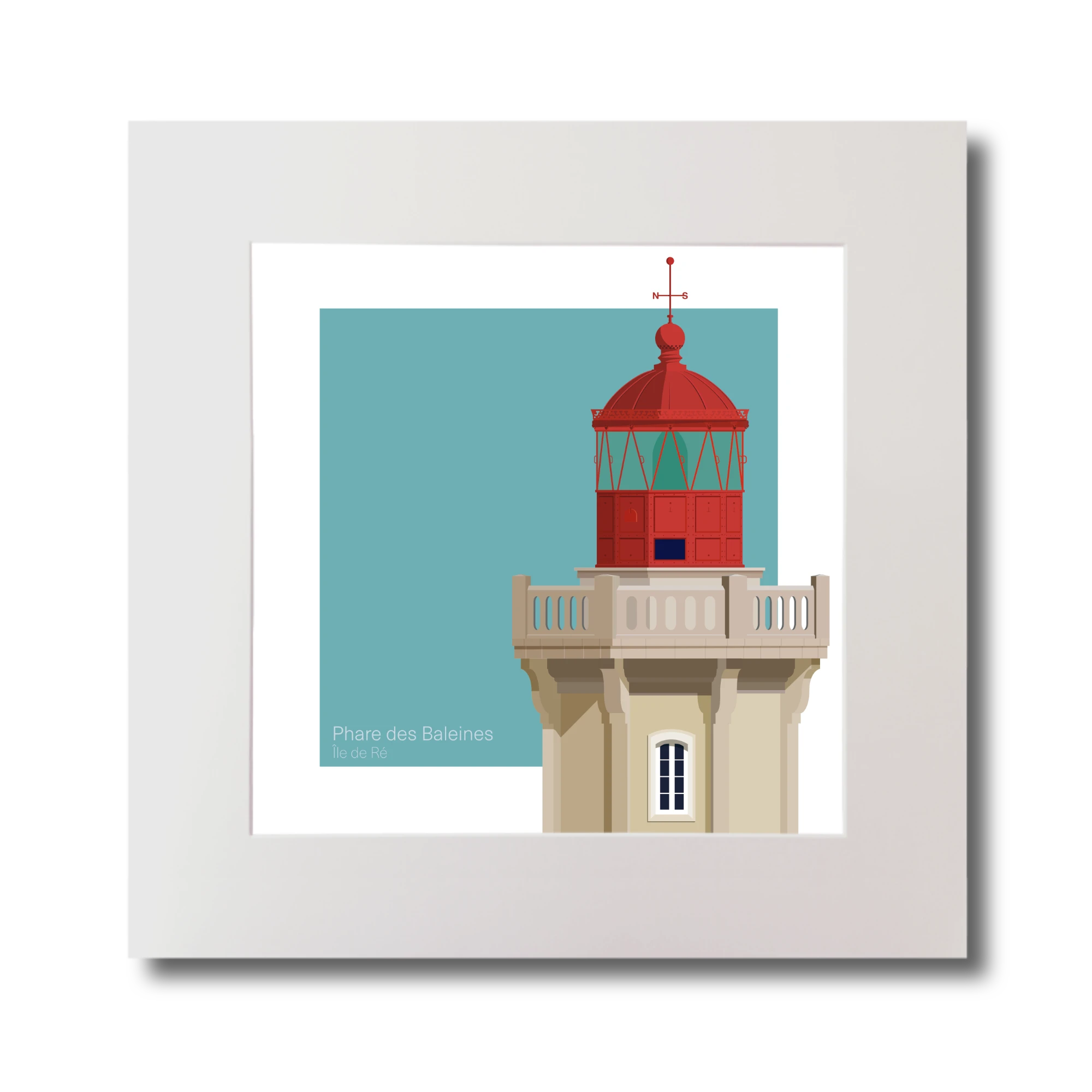 Artwork of French lighthouse du Four with a red top on a light blue background.